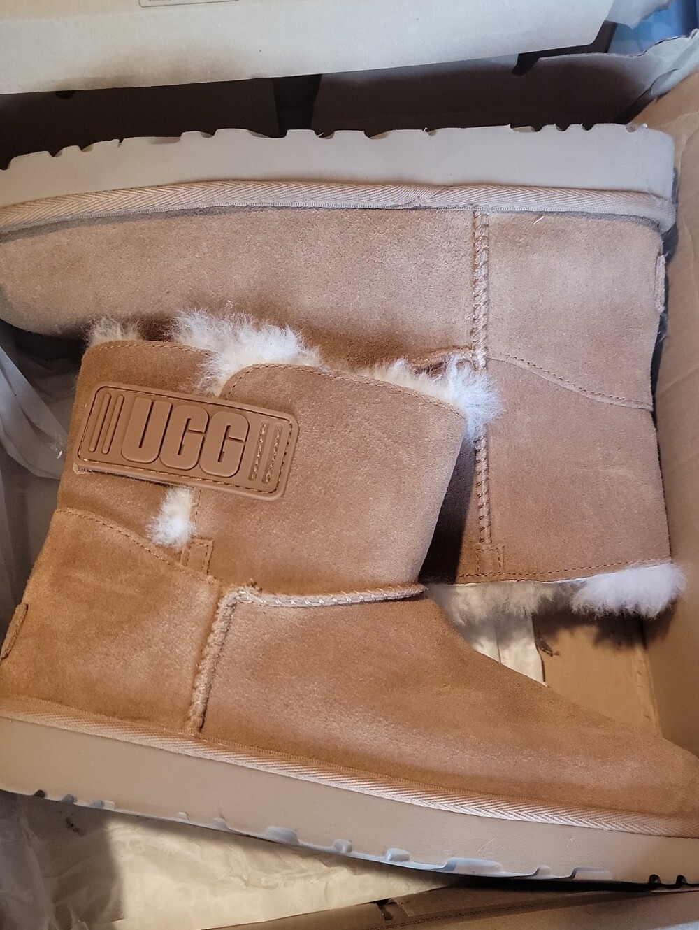 UGG Short Suede Shearling Booties in Chestnut Tan